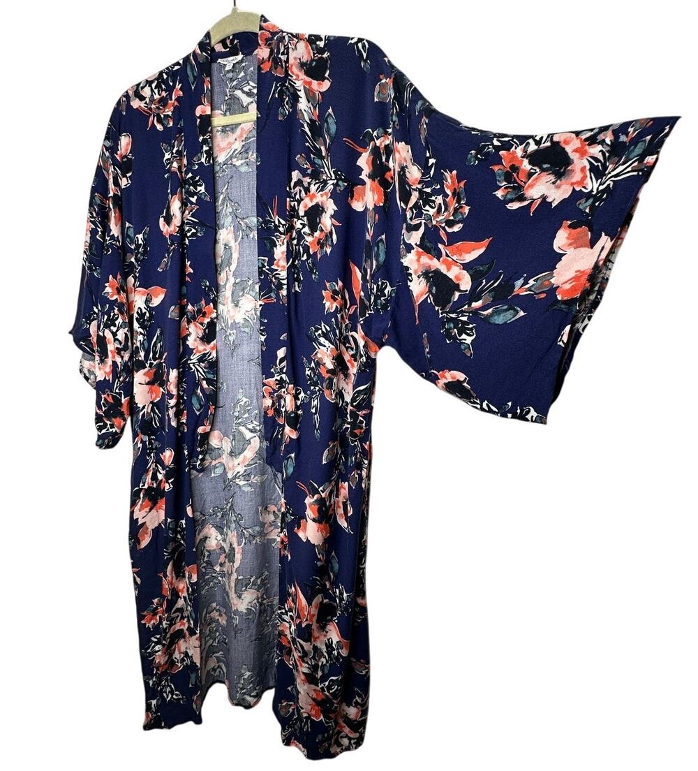 Splendid Navy Orange Ivory Multi Floral Short Sleeve Kimono Duster S
